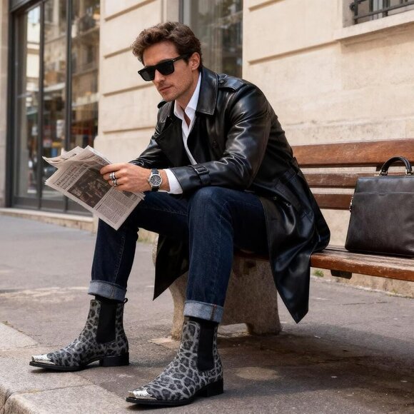 Men’s White Chelsea Pointed Metal Toe Leopard Print Ankle Street Style Boots main image 5